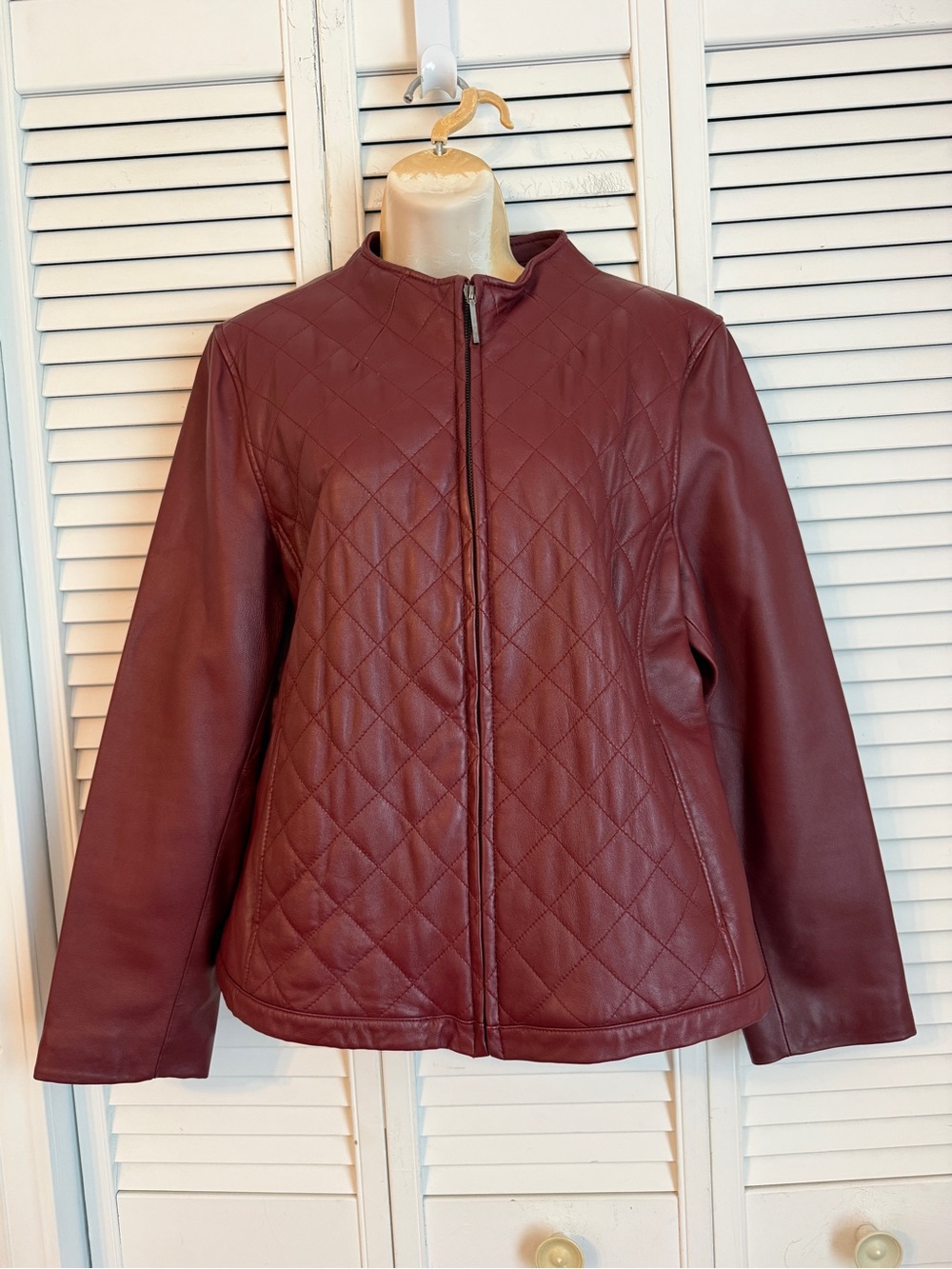 VTG 90s Y2K Burgundy Leather Jacket XL Moto Quilted Full Zipper Minimalist Biker
